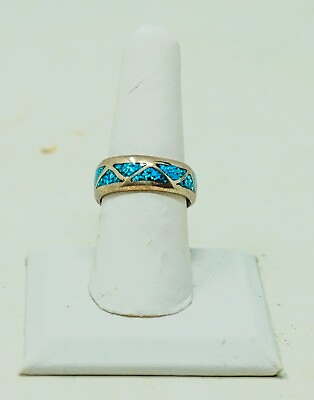#ad #ad Vintage Indigenous Style Crushed Turquoise Inlay Silver Band Ring Size 7.50 $23.99