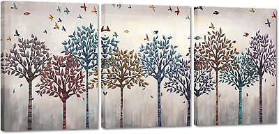 #ad 3 Pieces Abstract Tree Canvas Wall Art Colorful Forest Birds Landscape $49.99