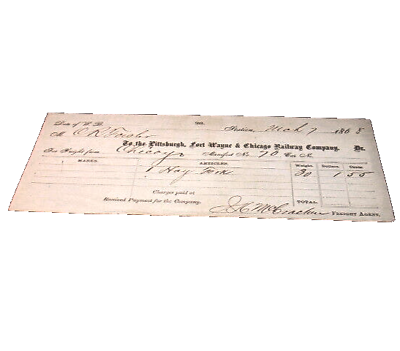 #ad #ad MARCH 1868 PITTSBURGH FORT WAYNE amp; CHICAGO RAILWAY FREIGHT RECEIPT $75.00