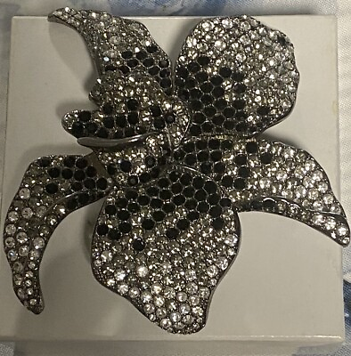 #ad #ad Real Collectible Rare Vintage Flower Pin Brooch 4quot; Rhinestone Crystal Black $60.00