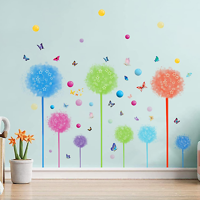 #ad Colorful Dandelion Wall Decal Flower Wall Stickers Butterflies and Dots Wall Dec $18.61