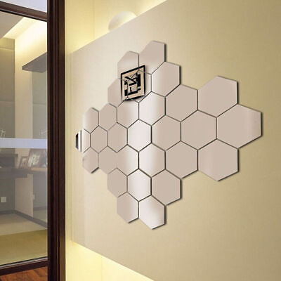 #ad 60Pcs Removable 3D Hexagon Wall Stickers Mirror Acrylic Art DIY Home Decor Decal $9.49