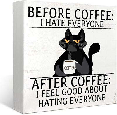 #ad Black Cat Decorations for Cat Lovers Coffee Sign Wood Box Sign Farmhouse Rustic $33.14