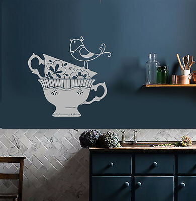 #ad Vinyl Wall Decal Ornament Little Bird Tea Cups Kitchen Decor Stickers 3926ig $69.99