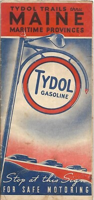 #ad #ad Vintage 1938 TYDOL VEEDOL OIL Road Map MAINE Augusta Portland Maritimes Montreal $13.99