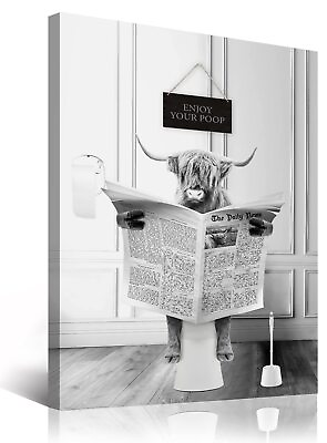 #ad Funny Highland Cow Wall Art in Bathtub Black and White Canvas Cow in Bathroom P $21.53