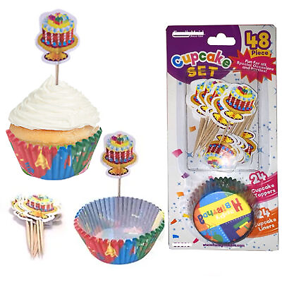 #ad 48 Pc Cupcake Liners Toppers Wrapper Baking Cups Happy Birthday Party Decoration $5.62