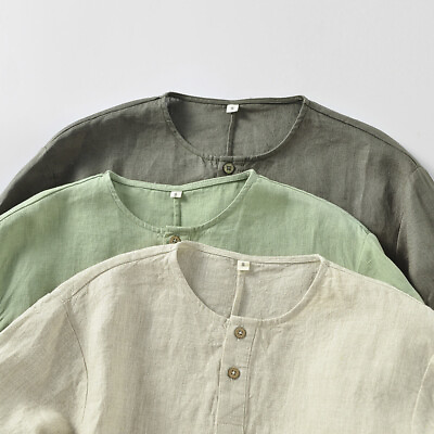 #ad Cool Summer Linen T Shirt 3 4 Sleeve Shirt Men#x27;s Casual Linen T Shirt Pull Over $37.19