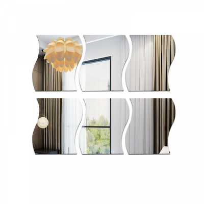 #ad 6Pcs 3D Mirror Wall Sticker Waves Shape Self adhesive Home Bedroom Wall Decor $9.65