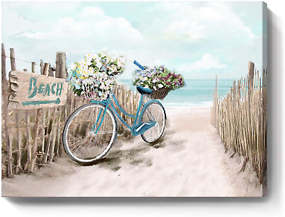#ad #ad Beach Canvas Wall Art for Bathroom Ocean Pictures Seaside Bicycle Canvas Print $19.71