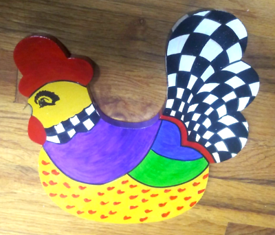#ad whimsical Rooster Figurine wall hanging Multicolor amp; black white checkered wood $69.00