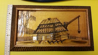 #ad Wood Hand Carved Plaque Vintage House Hut 3D Wall Hanging Solid piece B4 $15.86
