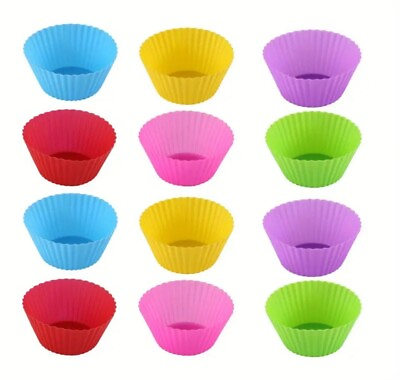 #ad 12pk SILICONE Muffin Cupcake Cups Multi colored Baking Cups 2.75quot; X 1.2quot; $6.79