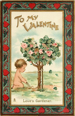 #ad Tuck Valentine Postcard Ser.113 Love#x27;s Gardener Cupid Heart Shaped Rose Topiary $10.16