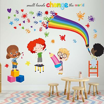#ad Small Hands Change The World Wall Stickers Inspirational Quotes Rainbow Wall D $26.49