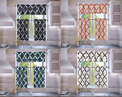 #ad 3PC SET FAUX SILK SMALL KITCHEN WINDOW CURTAIN GEOMETRIC PRINTED LINED BLACKOUT $10.00