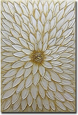 #ad Art Oil Painting On Canvas Flower Gold Modern Abstract 24x36 Inch Medium Framed $170.00