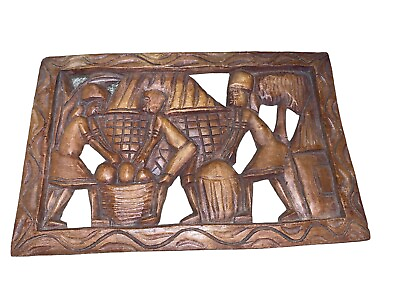 #ad Vintage Hand Carved Wood Wall Decor 3D Panel Village Tribal Collection Scene $21.99