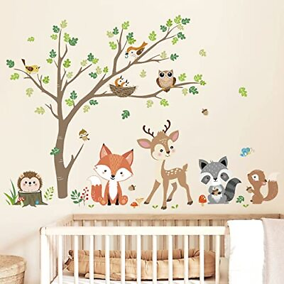 #ad Woodland Animals Tree Wall Stickers Fox Deer Owl Wall Decalsaby Nursery B $25.44