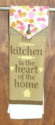 #ad quot;THE KITCHEN IS HEART...quot; TAN amp; PINK FLORAL KITCHEN HANDMADE HANGING HAND TOWEL $9.00