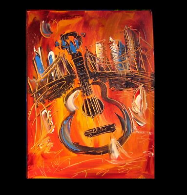 #ad GUITAR MODERN ABSTRACT FLOWERS PAINTING CANVAS ART CONTEMPORARY SIGNED KfHT $199.00