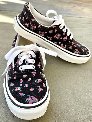 #ad Vans Off The Wall Girls Size 13.5 Black Floral Canvas Lace Up Low Sneaker Shoes $20.00