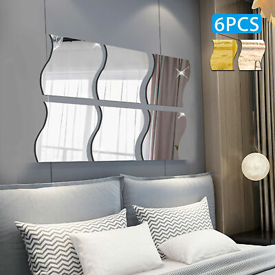 US 6PCS 3D Mirror Wall Sticker Waves Shape Self adhesive Home Bedroom Wall Decor $5.87