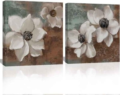 #ad 14x14quot; Canvas Wall Art Set of 2 White Floral Stretched Canvas Prints $10.99