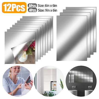 12Pcs 2 Size Self Adhesive Mirror Sheets Reflective Wall Sticker Film Home Decor $8.98
