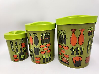 #ad Vintage 3 Pc. 70#x27;s Retro Kitchen Plastic Canisters Green w Kitchen Culinary $34.99
