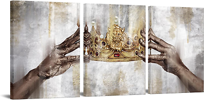 #ad King Queen Crown Wall Decor Gold Grey Diadem Canvas Wall Art Deco... $56.54