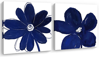 #ad Navy Blue Wall Art for Bathroom Decor 2 Pieces Abstract Flower Painting Canvas $48.82