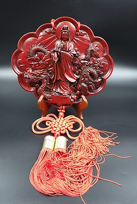 #ad Chinese Good Luck Jade Kuan Quan YIN Dragon Wooden Red Wall Feng Shui Buddhist $27.00