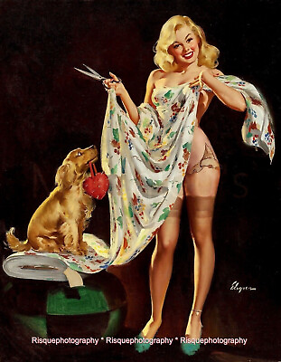 #ad Beautiful Woman Sewing with Helper Dog 8.5x11quot; Photo Print Gil Elvgren Pinup Art $8.27