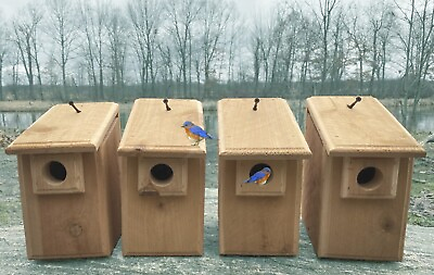 #ad 4 Brand New Cedar Bluebird Bird Houses Natural or Scorched Easy Open amp; Clean $30.60