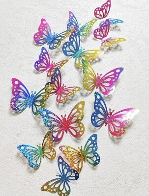 #ad NEW 12 pc 3D Sparkle Multi Color Hollow Wings Butterflies Posable Wall Decor Set $14.99