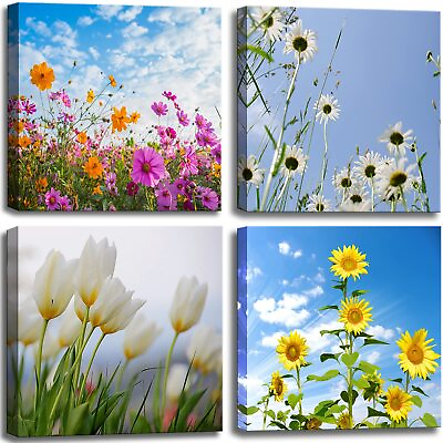 #ad Colorful Floral Canvas Wall Art for Bathroom Decor YellowPurple and White F... $47.78