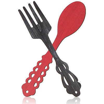 #ad 2 Pcs Large Fork Spoon Wall Decor Wooden Shaped Wall Sign for Kitchen Red Gray $11.69