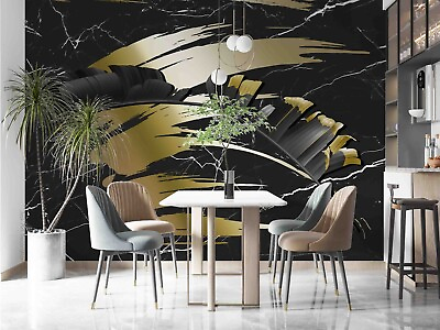 #ad 3D Black Gold Geometric Self adhesive Removeable Wallpaper Wall Mural 42 $179.99
