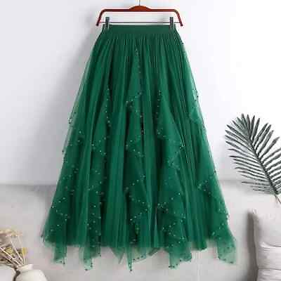#ad Beaded Petal Mesh Skirt 3 Layers Spring New High Waist Slimming Mid A line Skirt $29.19