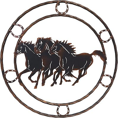 #ad 23quot; Rustic Metal Circle Wall Hanging Sign Horses Brown Bronze $39.99