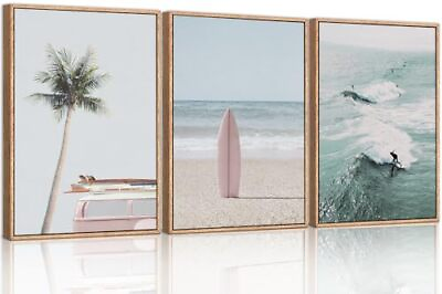 #ad Beach Framed Canvas Wall Art Set Palm Tree Surfboard Seascape Wall Beach Surf $139.48