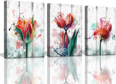 #ad Rustic Wall Decor for Bedroom Red Watercolor Tulips Flower Wall Pictures Prints $51.87