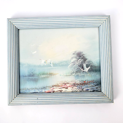 #ad Vintage Seascape Birds Blue Original Oil Painting Signed T Bistol Framed 12x10 $48.00