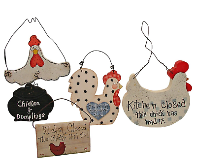#ad Lot of 4 Country Farm Chicken Rooster Wooden Signs Decor Kitchen Hanging Display $19.97