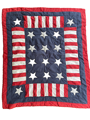 #ad Vintage Handmade Quilt Patriotic American Flag Throw Blanket Home Wall Decor L2 $129.49