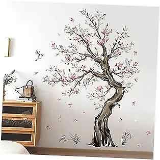 #ad Red Flower Tree Wall Stickers Watercolor Large Tree Magnolia Floral Peel and B $31.54