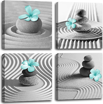 #ad #ad Gray Wall Art Zen Wall Art Teal Floral Paintings Black and White Decor Zen $49.99
