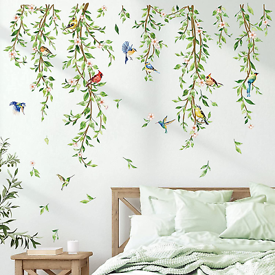 #ad Hanging Vine Wall Decals Birds Green Leaf Wall Stickers Bedroom Living Room Offi $25.35