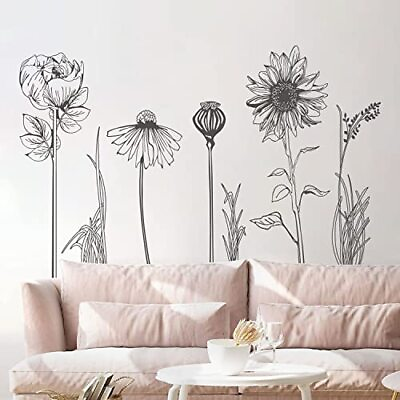 #ad Black Simple Flower Plants Wall Stickers Large Boho Floral Sketch Flowers $24.28